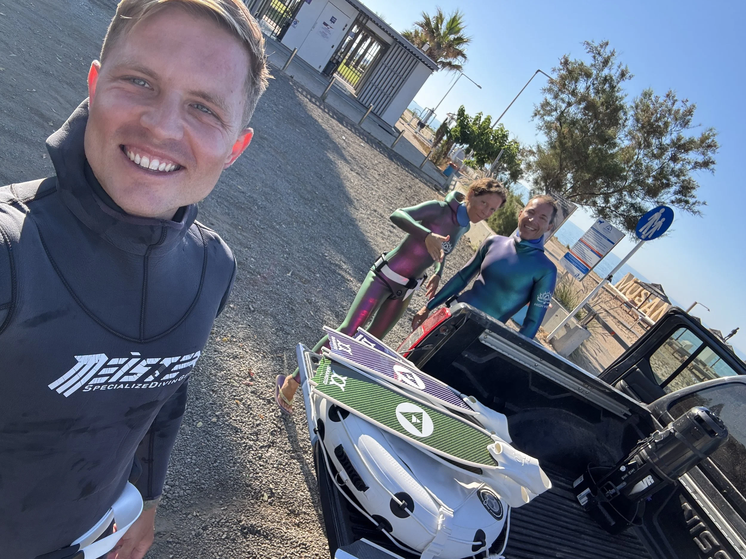 Freediving instructor Andrei preparing gear for a training session near MUSAN in Ayia Napa, Cyprus.