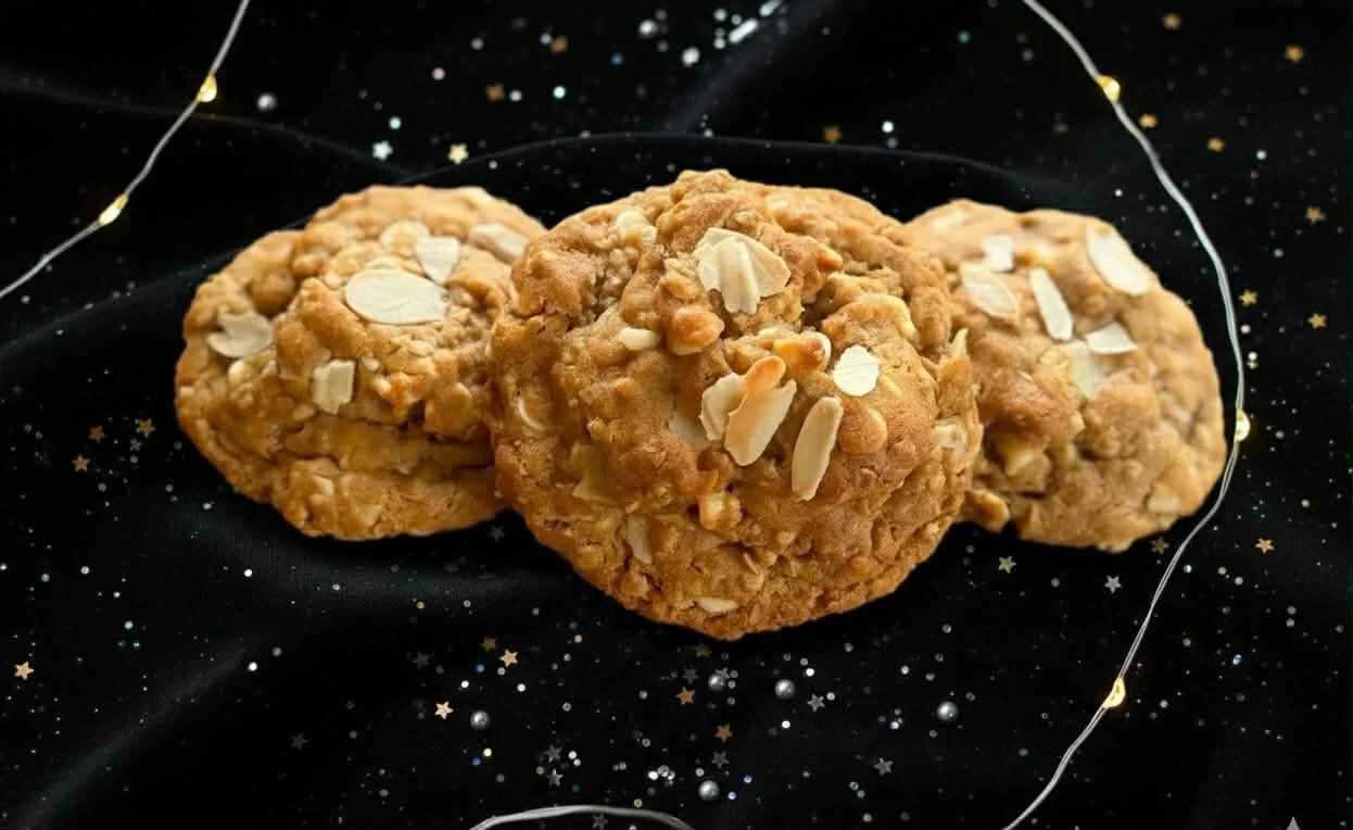 ☀️ Sunrise Cookies ☀️ 

Wake up your senses with a cookie inspired by the first light of day. Our Sunrise Cookie features a radiant blend of toasted, sun-colored oats and slivered almonds that provide a satisfying morning crunch. Swirls of creamy whi