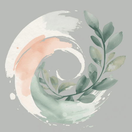 Abstract watercolor design with a spiral shape, featuring green leaves and soft peach and white accents on a gray background.