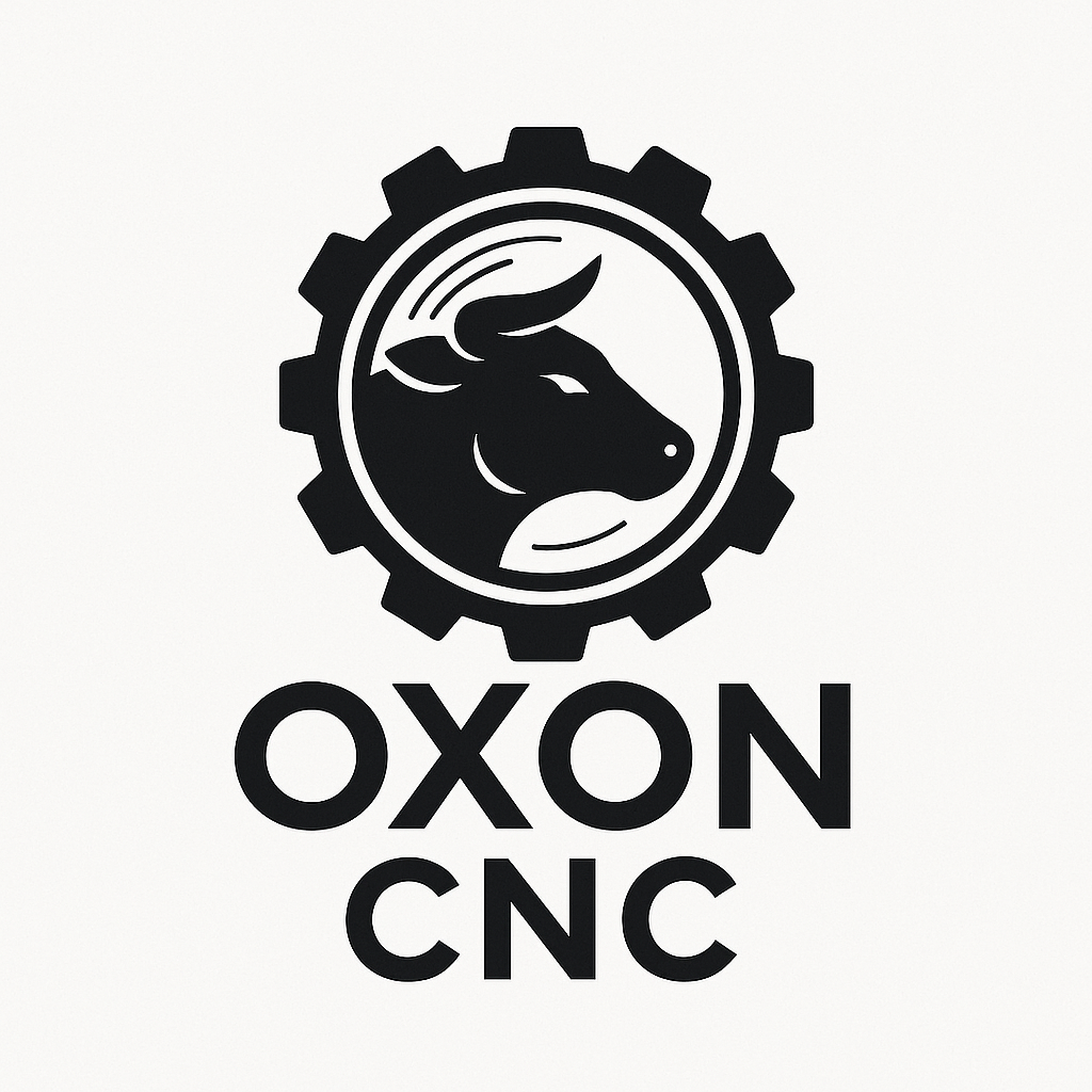 Logo featuring a bull's head inside a gear, with the text 'OXON CNC' below.