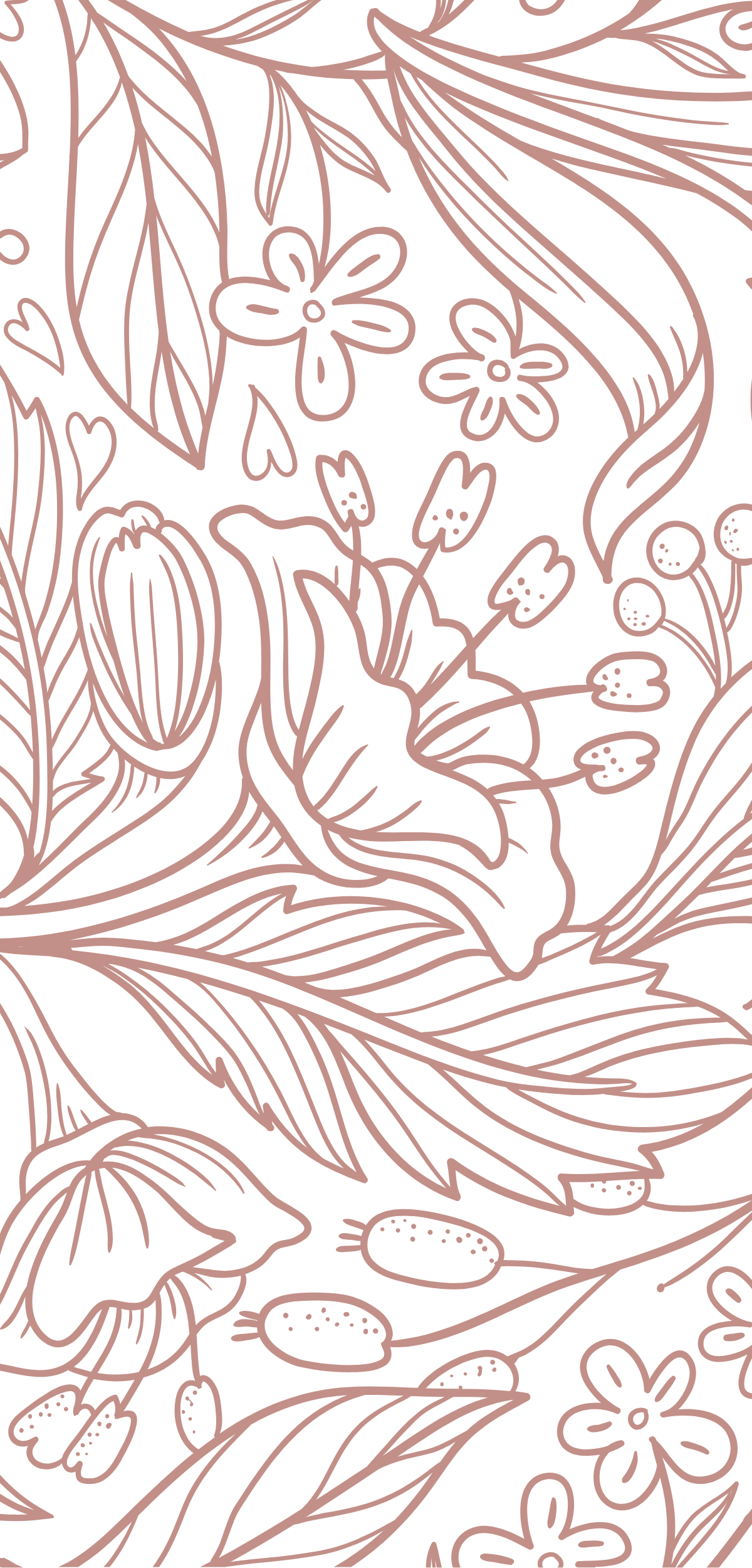 Pink line art floral pattern with various flowers and leaves on a black background.