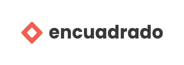 Logotipo de la marca 'encuadrado' con un símbolo rojo y texto en negro.