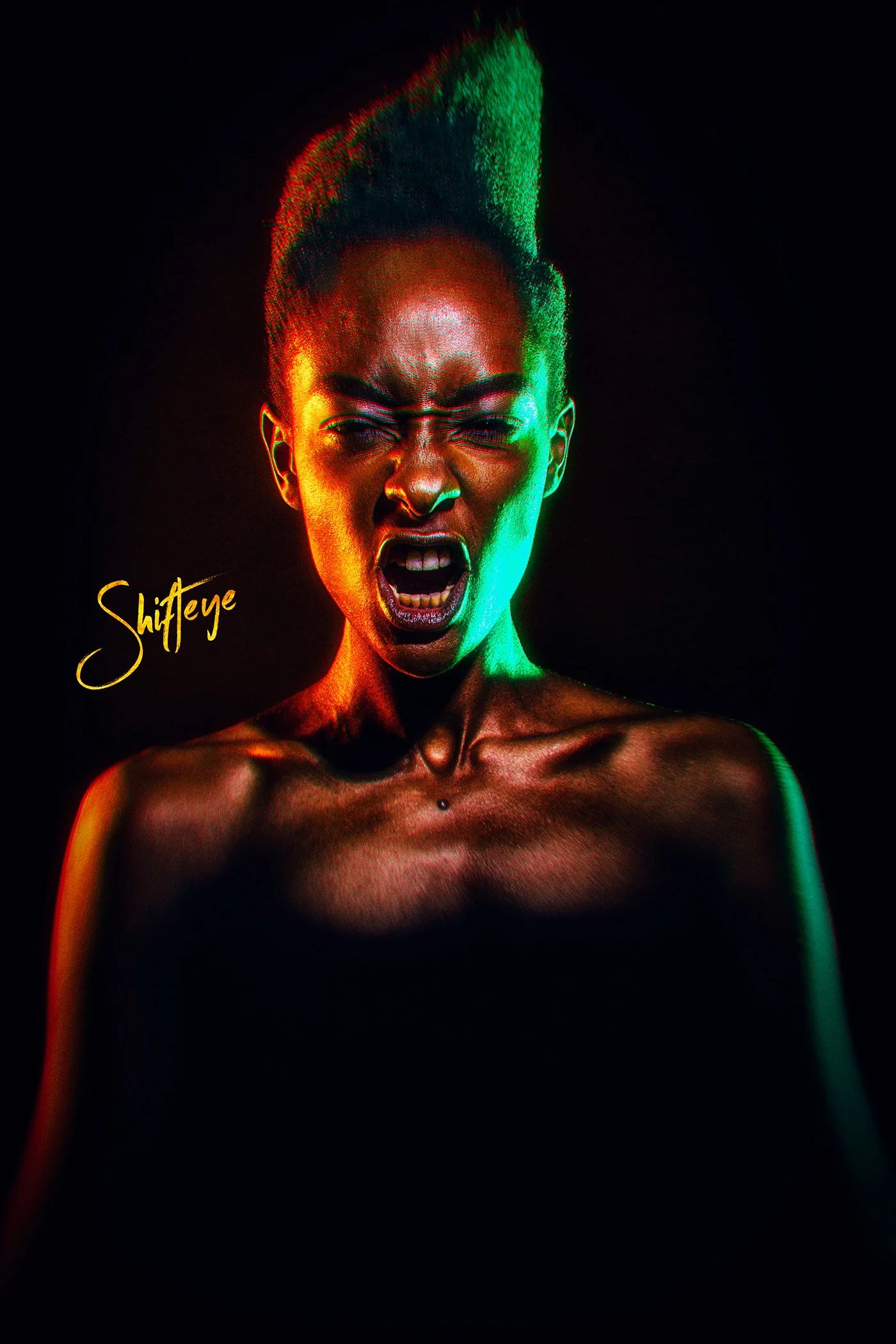 A woman with short hair styled in a high fashion haircut, screaming or expressing anger, with colorful dramatic lighting against a black background, and the word 'Shifteye' written in yellow cursive on the side.
