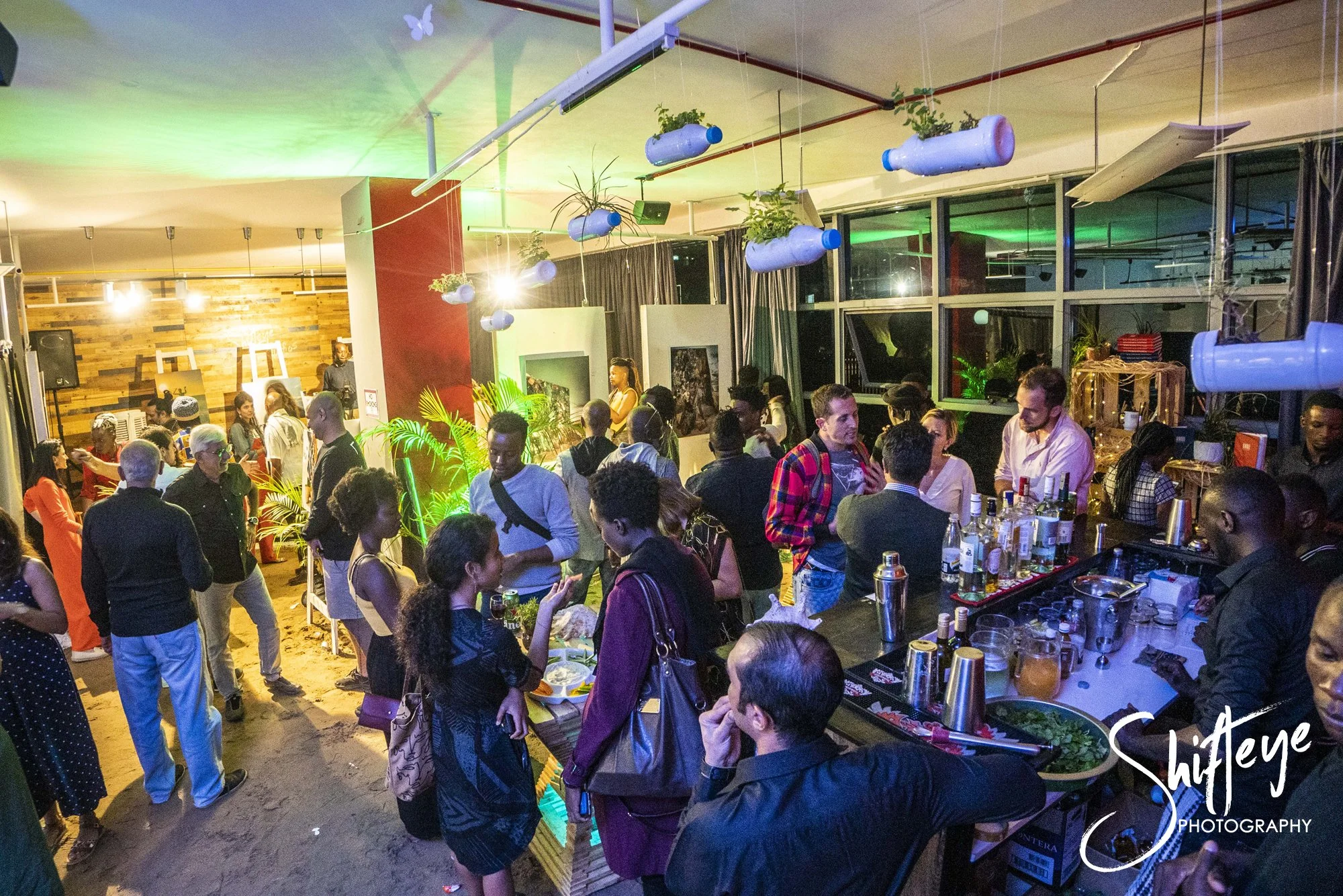 People socializing and dancing at a lively indoor party with bar area, colorful lighting, and hanging plant decorations.