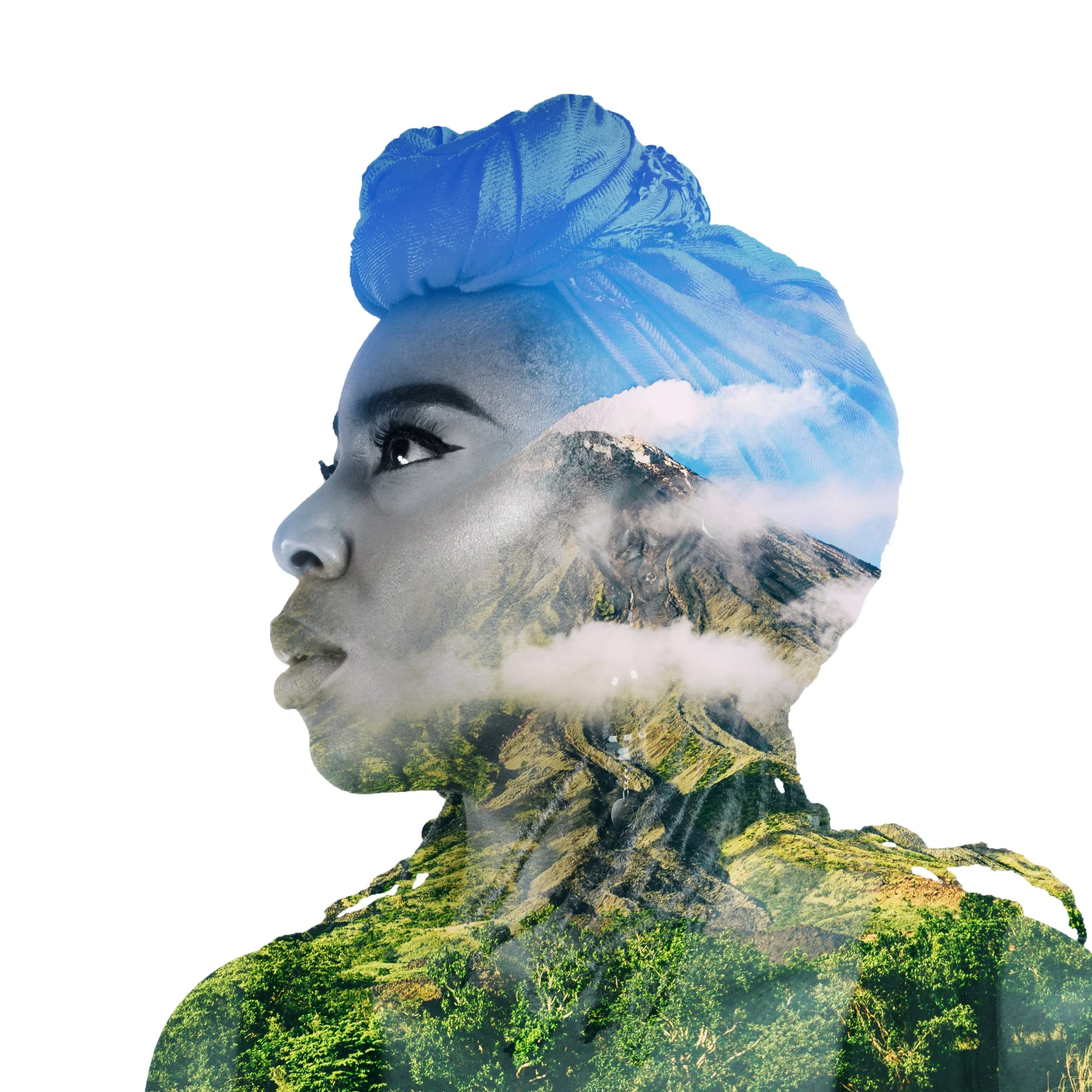 Double exposure of a woman's profile combined with a mountain landscape and greenery.
