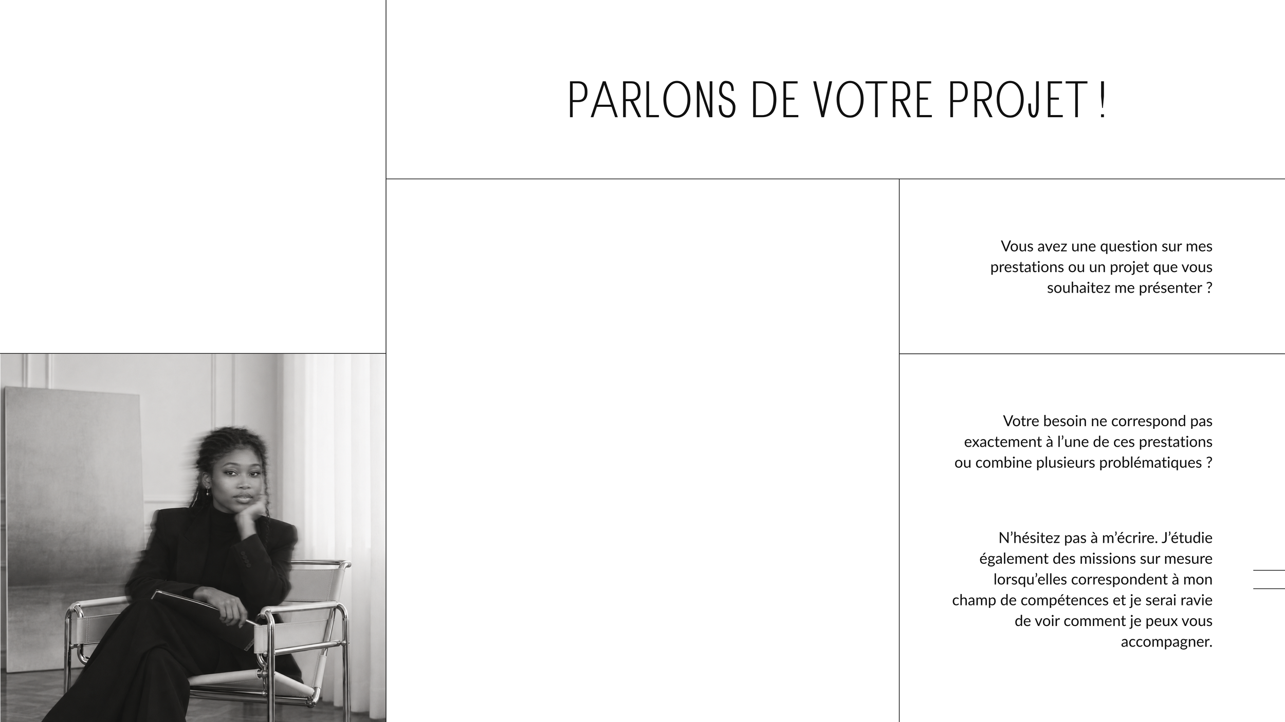 Page de présentation avec un titre en français, un texte explicatif, et une photo en noir et blanc d'une femme assise sur une chaise en regardant vers la caméra, dans un intérieur lumineux avec rideaux blancs.