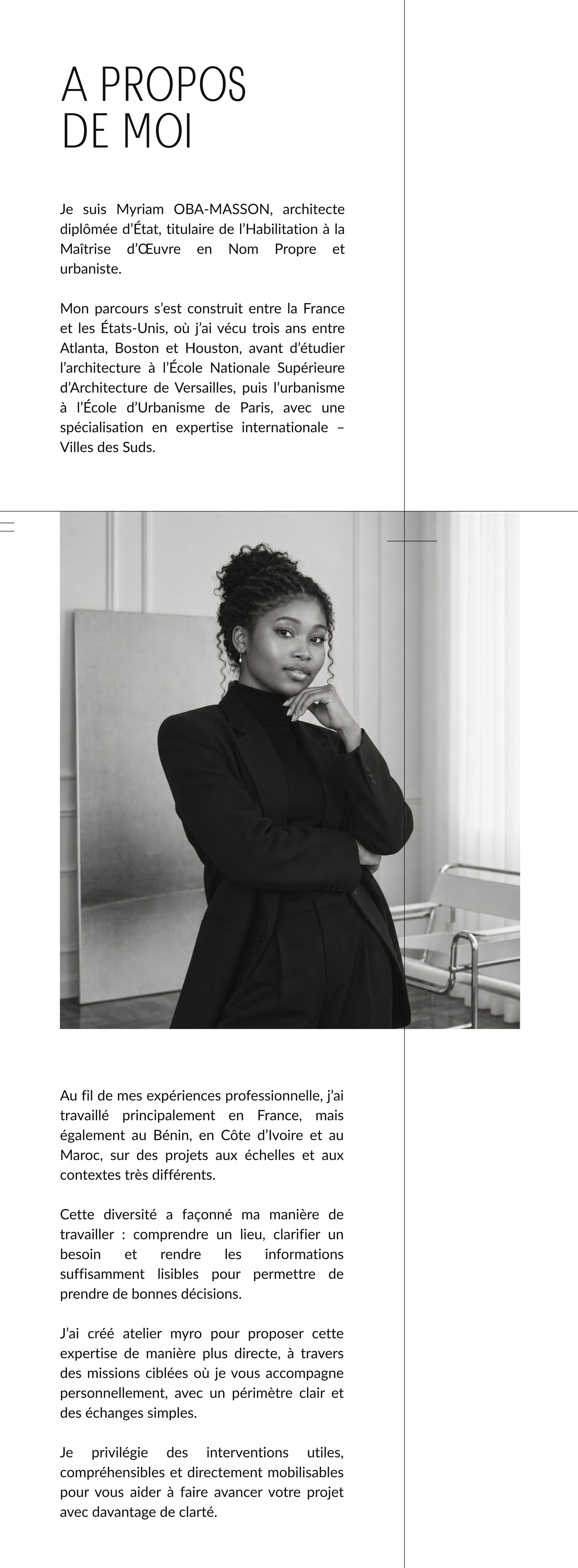 Page de présentation avec un texte en français et une photo en noir et blanc d'une femme dans un cadre professionnel