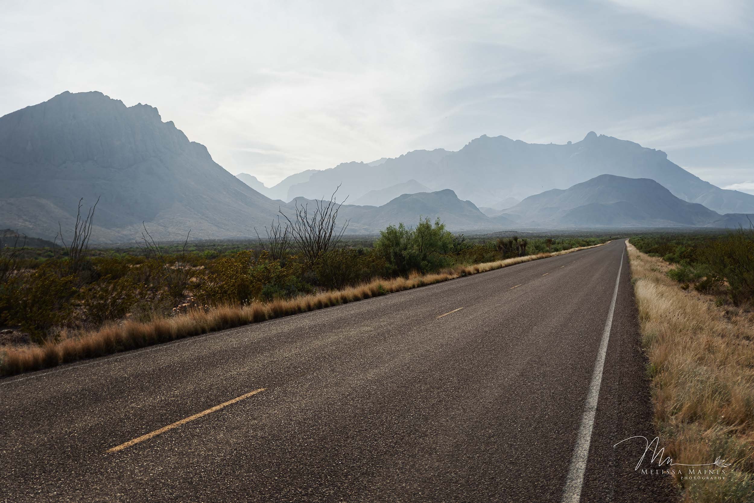 A long, straight desert road with mountains of Big Bend National Park in the background.