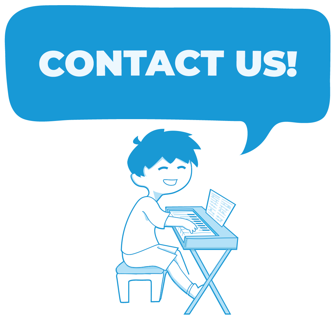 A cartoon boy with blue hair sitting and playing a keyboard, smiling. There is a speech bubble above him with the text "Contact Us!"