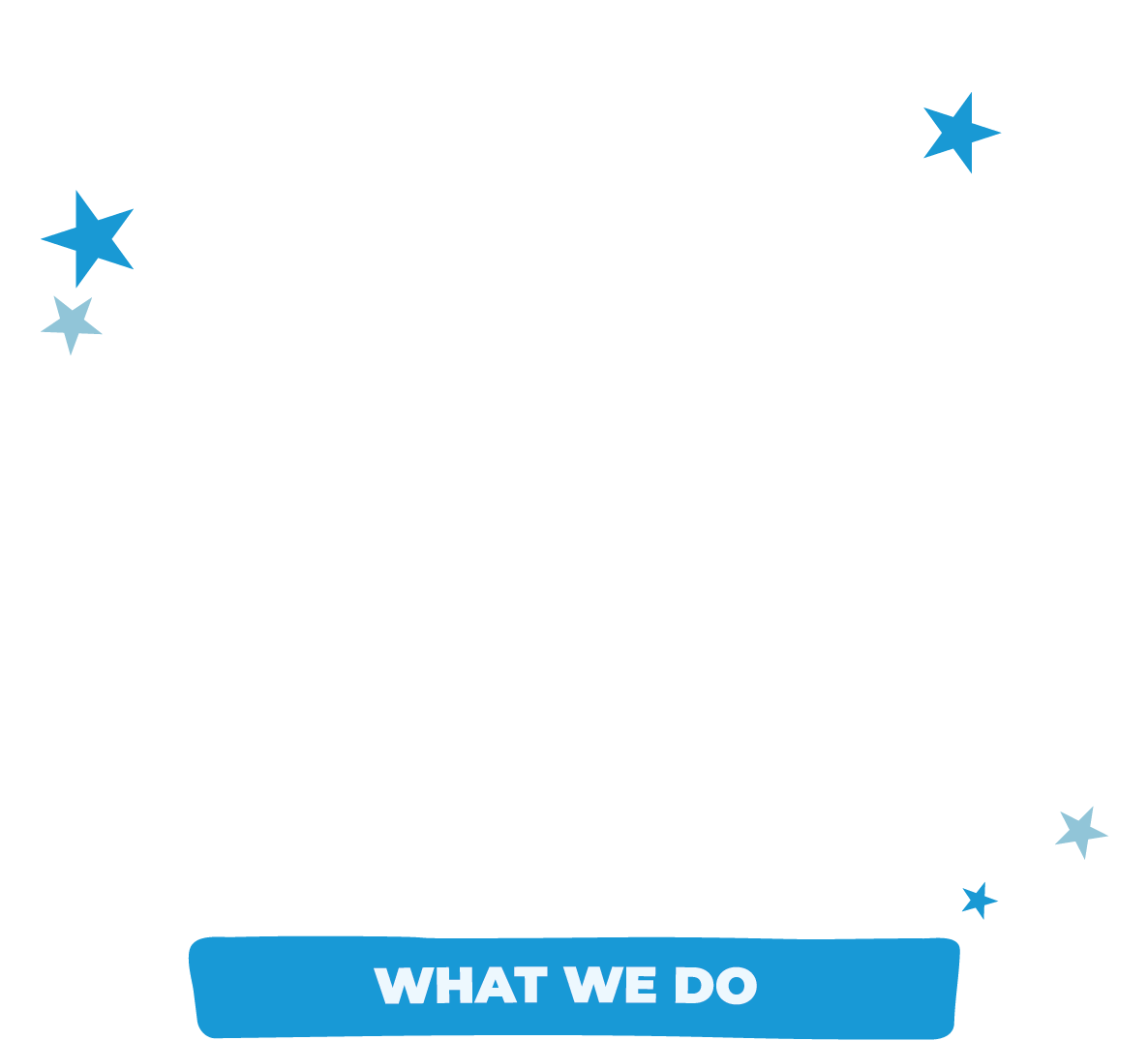 A black silhouette of a woman with the text 'What We Do' inside a blue banner below her, surrounded by five blue stars.