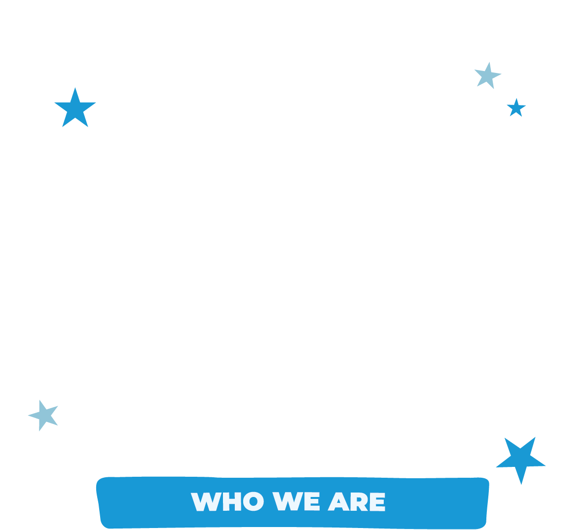 Icon with stars and curly lines, with a blue banner at the bottom reading 'WHO WE ARE' in white text.