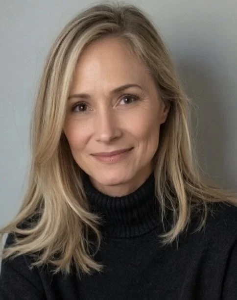 A woman with shoulder-length blonde hair wearing a black turtleneck, smiling at the camera against a plain gray background.