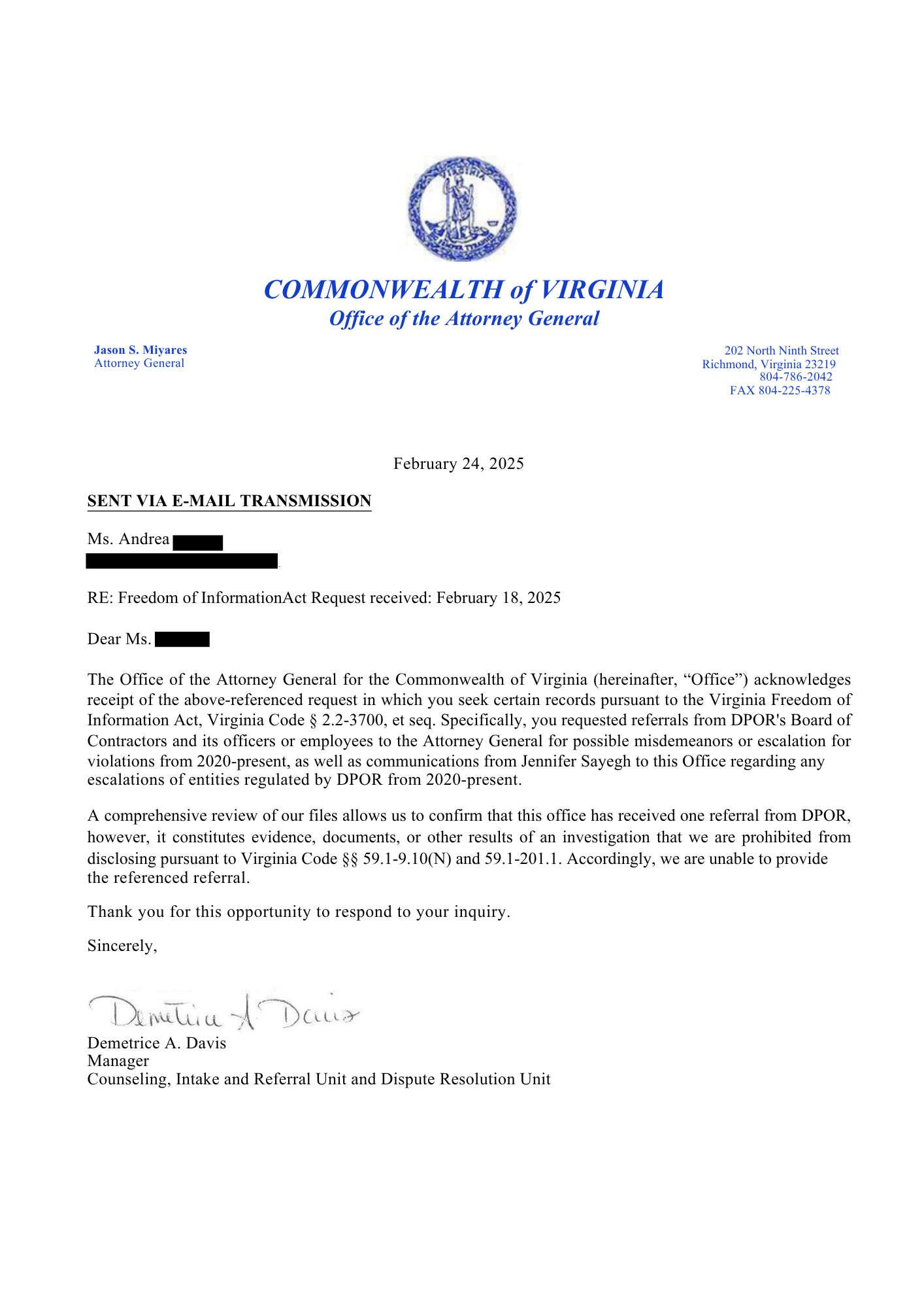 FOIA Provided By The Attorney General’s Office Under Miyares’ Leadership Confirms DPOR’s John Robertson IV Mislead Reporter