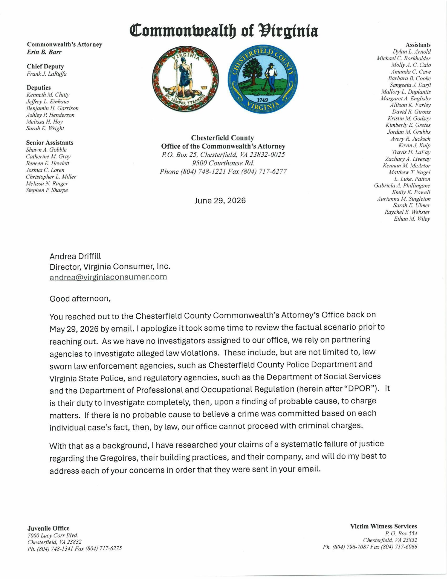 Erin Barr’s Response to the Open Letter from Virginia Consumer