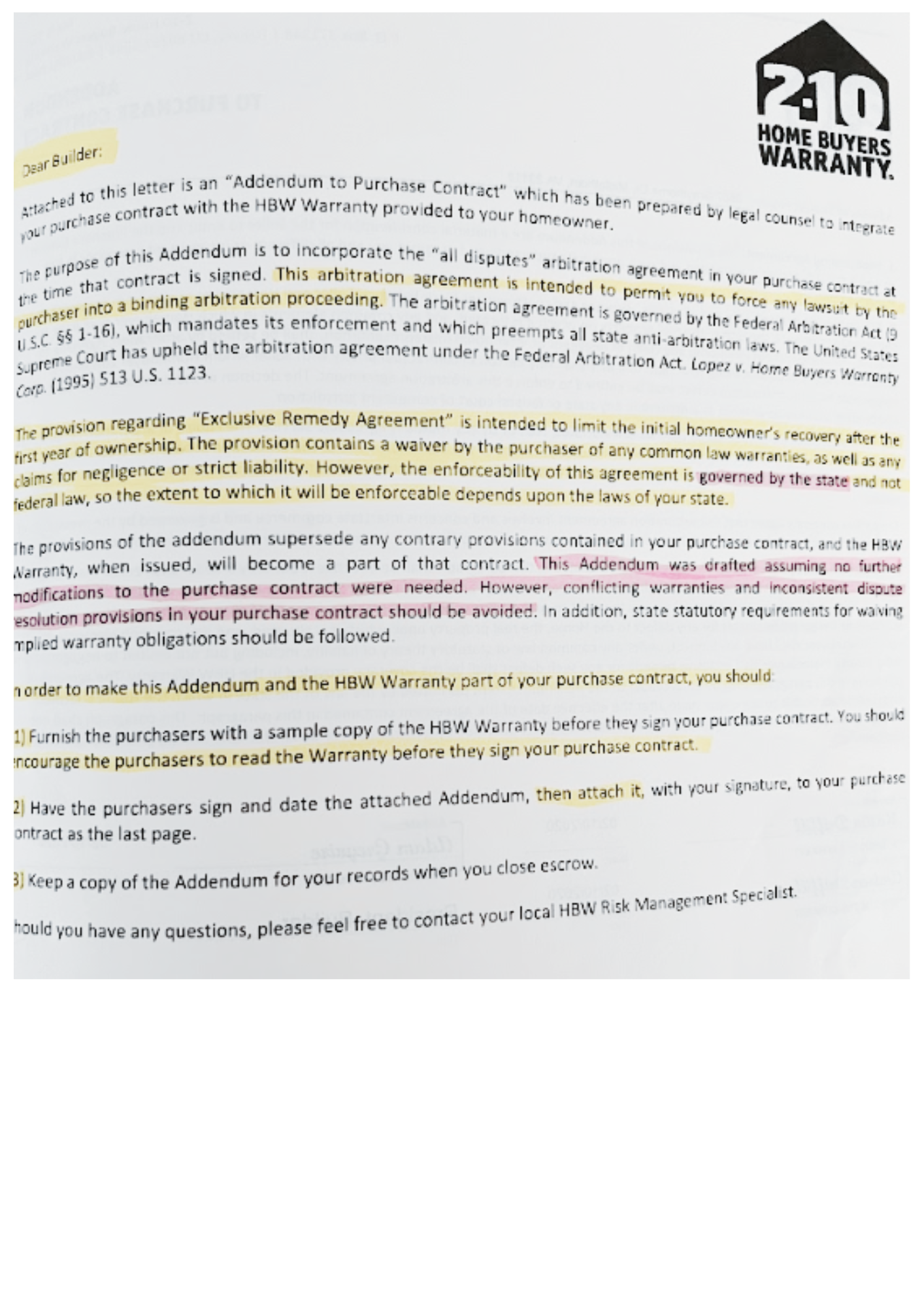 Frontdoor formerly 2 10 HBW letter to builder stating that adding the 2 10 HBW Warranty will limit consumer rights.