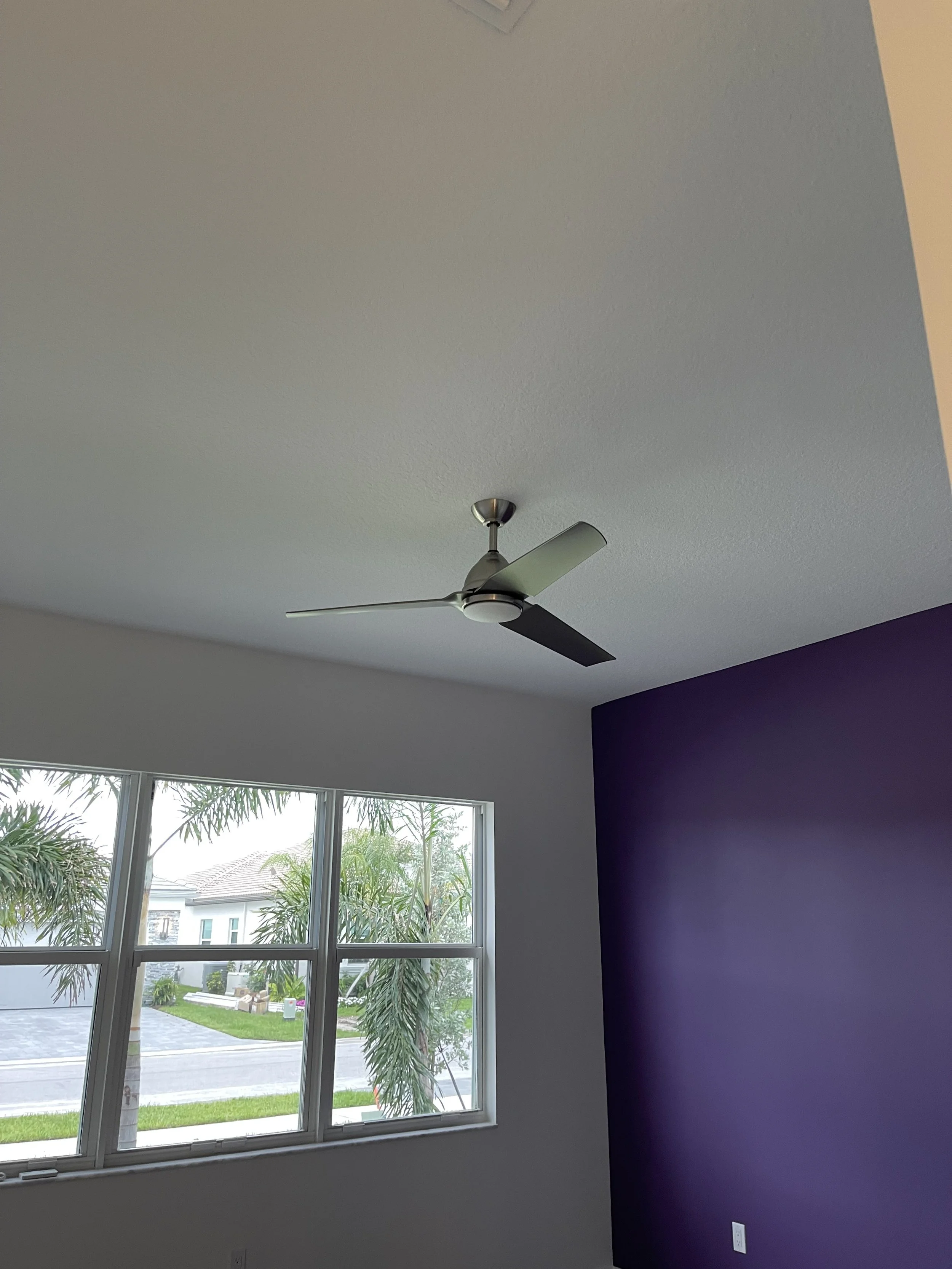 Interior view of a room with a ceiling fan, a purple accent wall, and a window showing trees and a street outside.