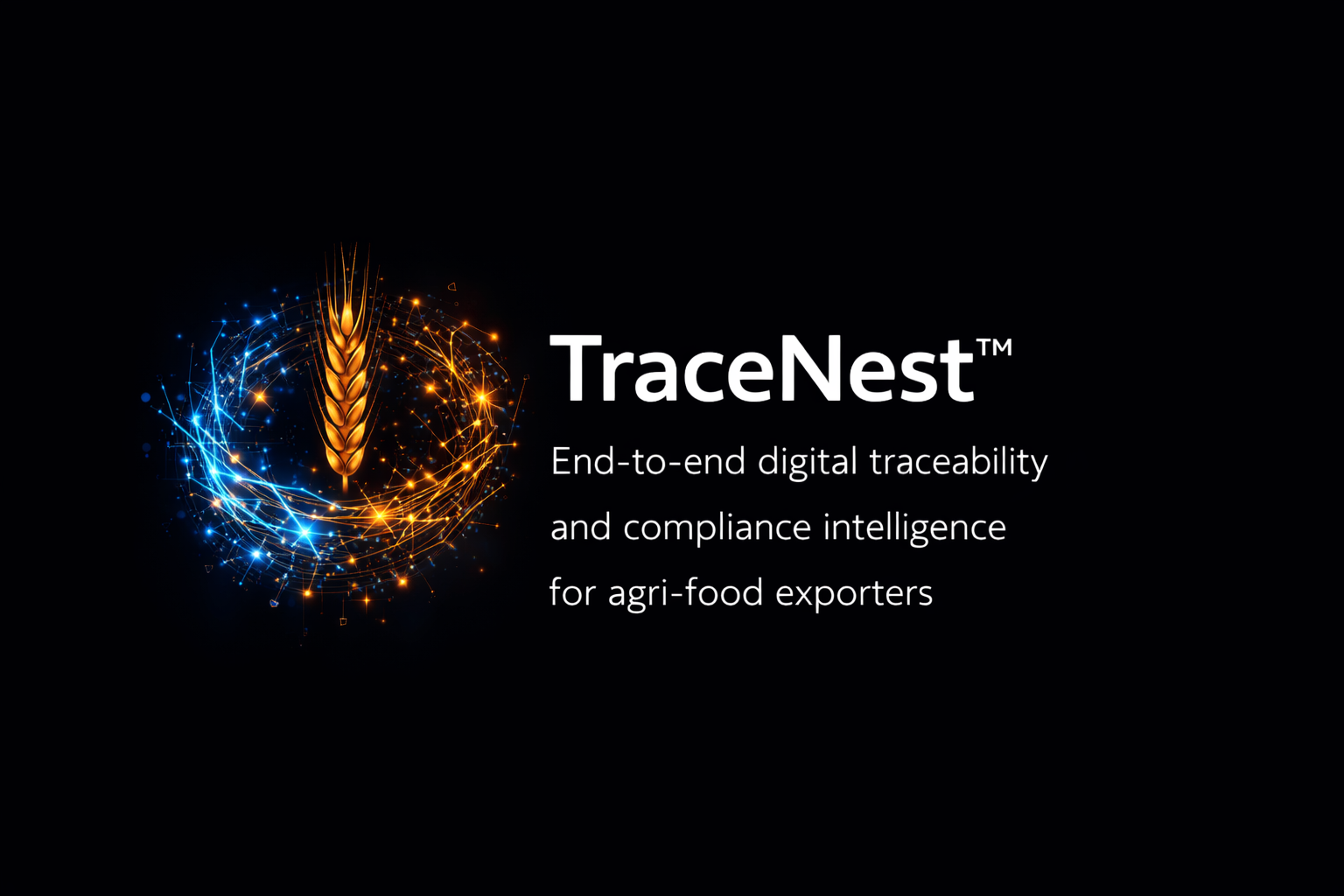 Logo for TraceNest, a digital traceability and compliance intelligence platform for agri-food exporters, featuring a stylized wheat stalk with digital light effects.