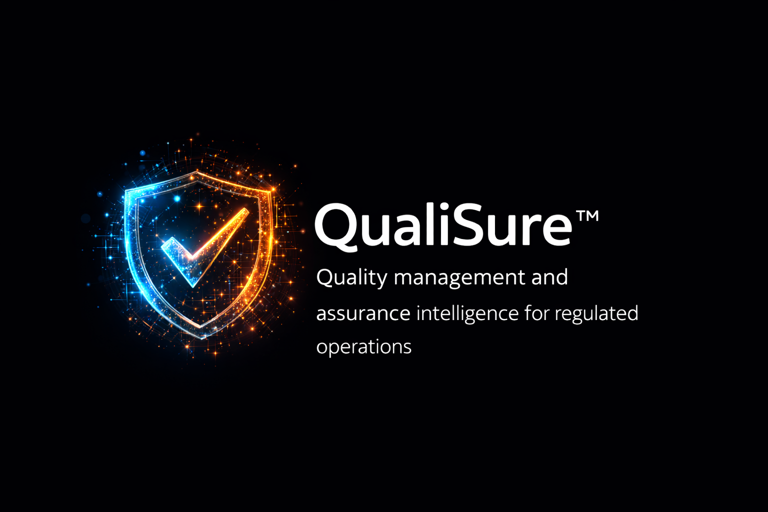 Digital graphic featuring a shield with a checkmark and the text "QualiSure," emphasizing quality management and assurance intelligence for regulated operations.