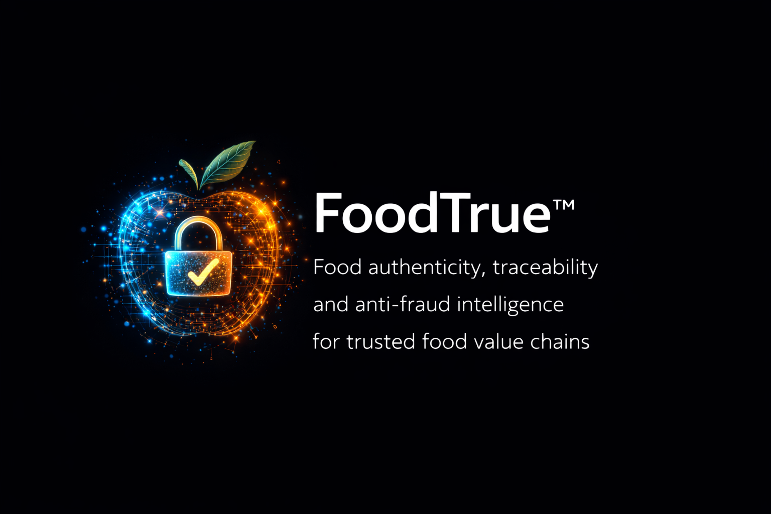 Digital logo for FoodTrue emphasizing food authenticity, traceability, and anti-fraud technology, with a padlock and checkmark symbol, surrounded by digital particles and a green leaf.