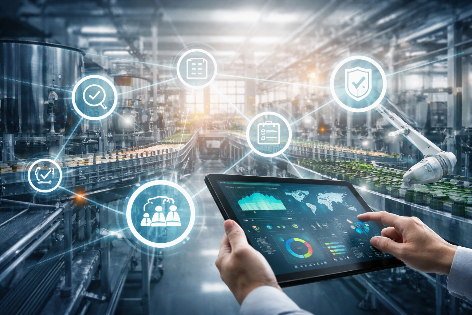 A person holding a tablet in a factory with futuristic digital icons and data overlays related to automation, quality control, and analytics over a manufacturing line.
