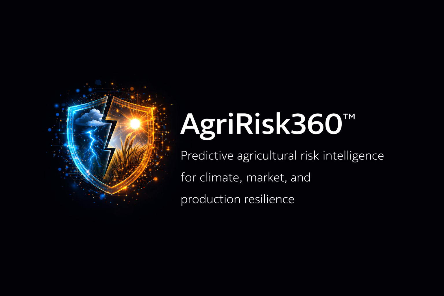 Logo for AgriRisk360 with a shield graphic showing weather elements like lightning, clouds, and sun, and the tagline about predictive agricultural risk intelligence