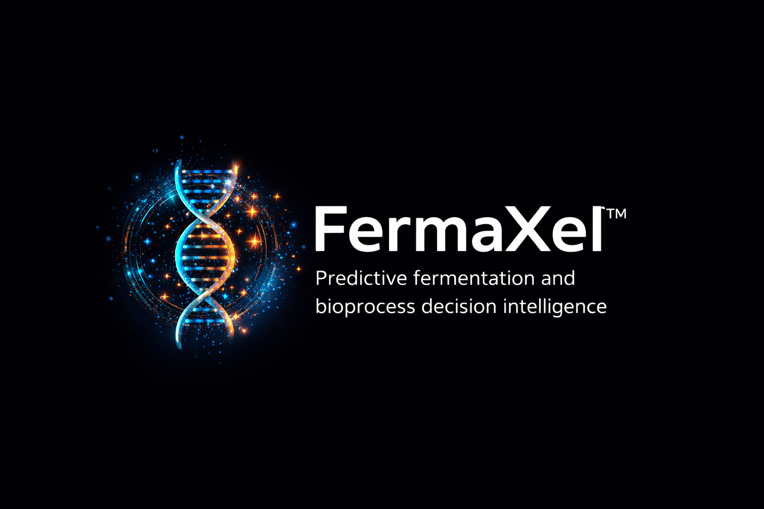 FermaXel logo with a DNA double helix and spark effects, and the text 'Predictive fermentation and bioprocess decision intelligence' on a black background.