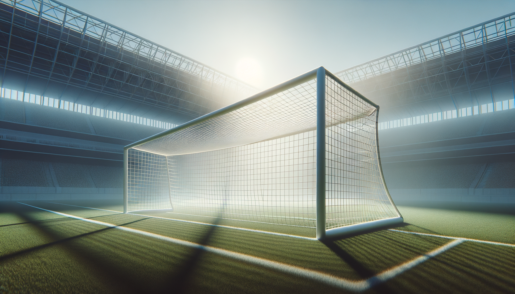 Empty soccer goal on a field inside a stadium with bright sunlight overhead.