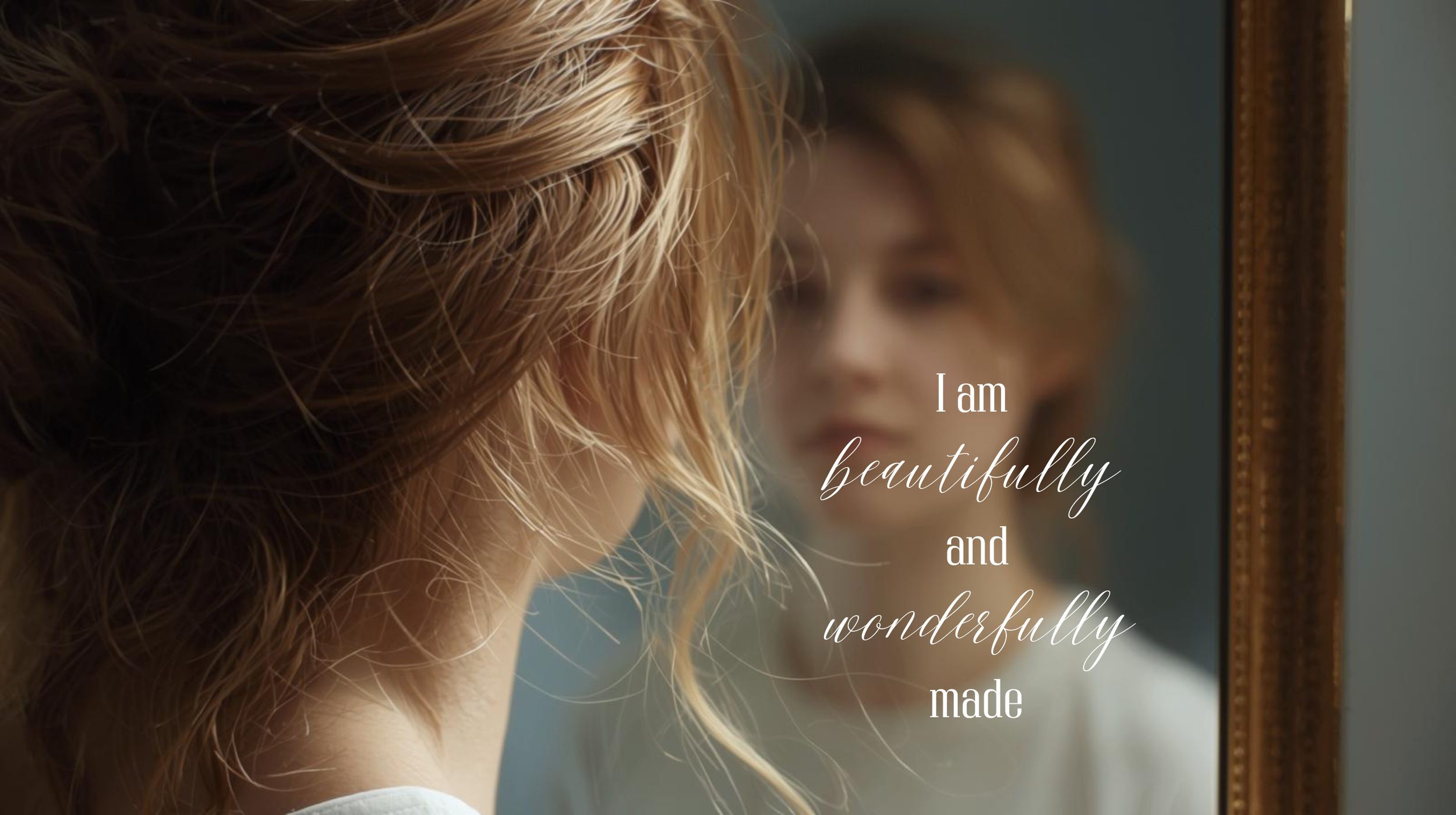 A woman looking into a mirror. The image has elegant white script says 'I am beautifully and wonderfully made'. designed to inspire biblical self-love and grace-rooted living for Christian moms seeking quiet reflection and peace in Christ's love.