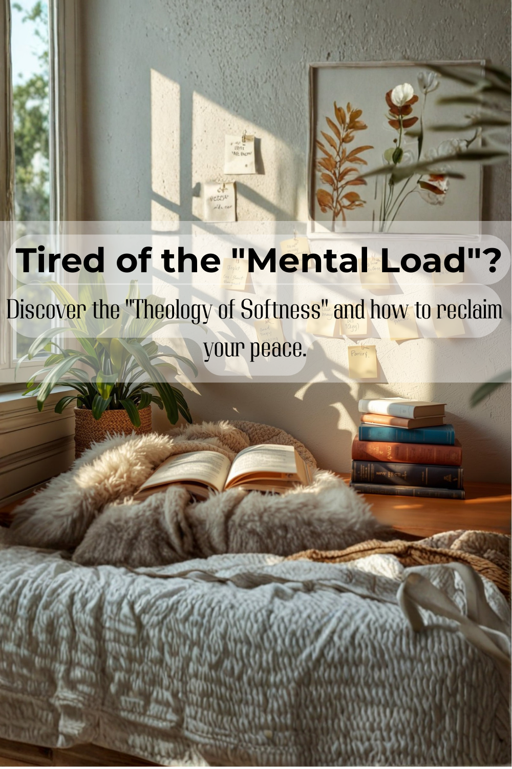 A Bible laying open on a cozy cream-colored faux fur blanket next to a stack of vintage books, captured in warm morning sunlight to represent a soft living morning and grace-rooted biblical rhythms.