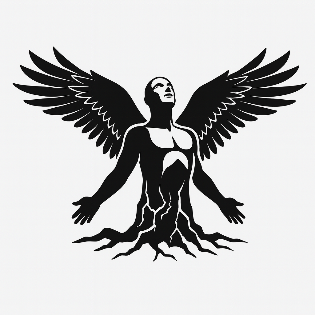 A black and white graphic illustration of a human figure with wings, standing with arms outstretched, roots extending from the feet into the ground, and an upward gaze. Nephilim, Nephilim Guitars