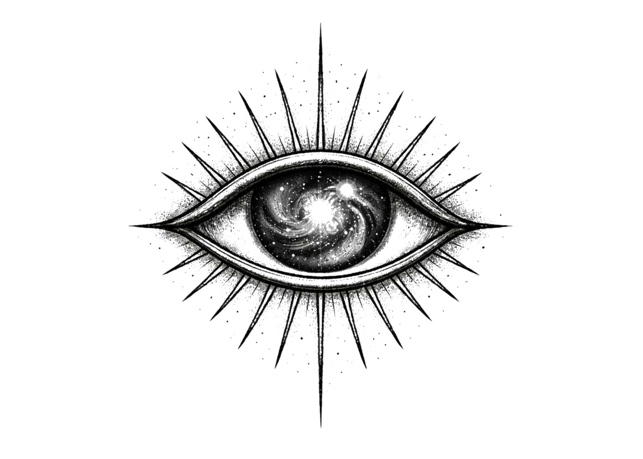 A black and white artistic illustration of an eye with rays around it, with the iris containing a galaxy swirl.
