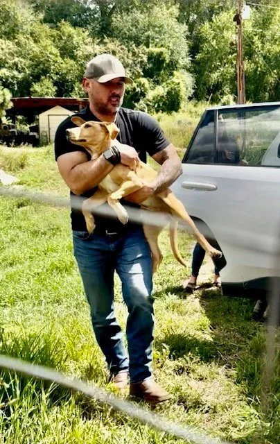 A man in a gray cap and dark t-shirt holding a small tan dog outside near a white car in a grassy area with trees in the background.