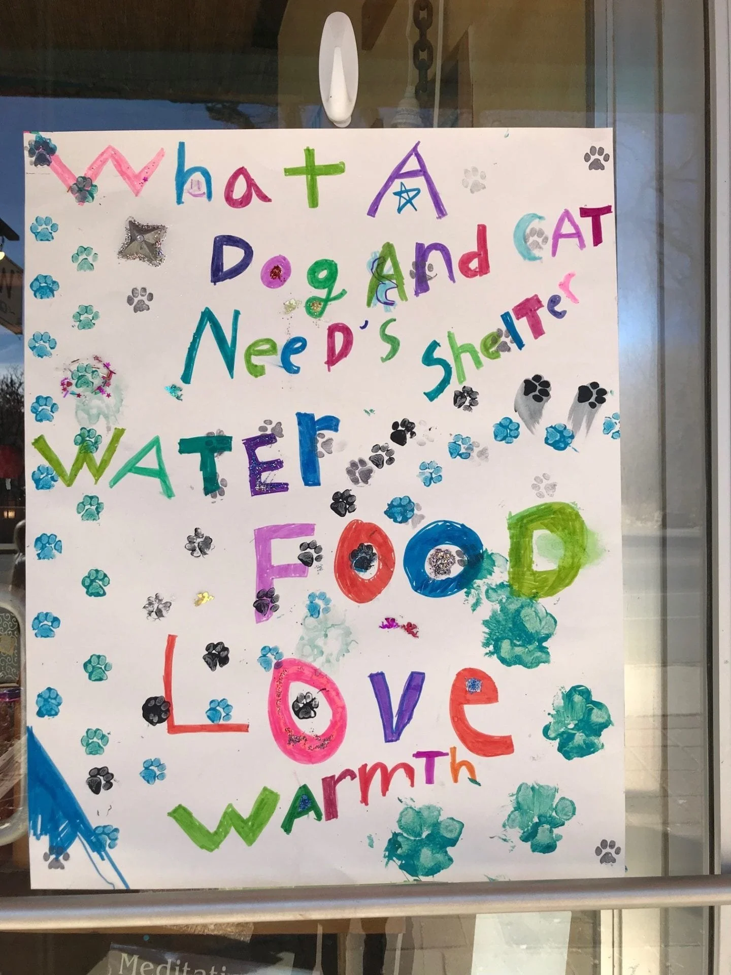 Handmade sign on a window with colorful letters reading, 'What A Dog And Cat Nee D's Shelter Water Food Love Warmth,' decorated with paw prints, stars, and glitter.