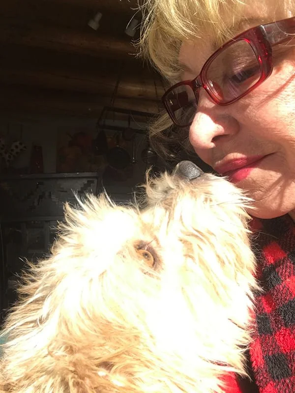 A woman with blonde hair and red glasses looking closely at a fluffy cream-colored cat with amber eyes.