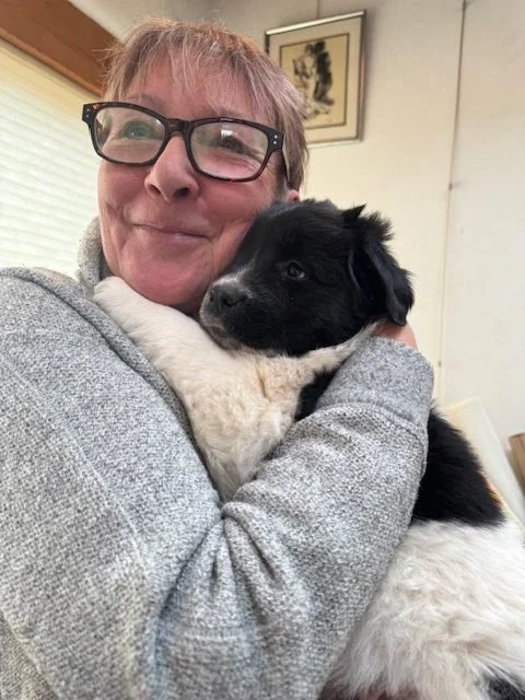 An elderly woman with glasses hugging a black and white puppy indoors.