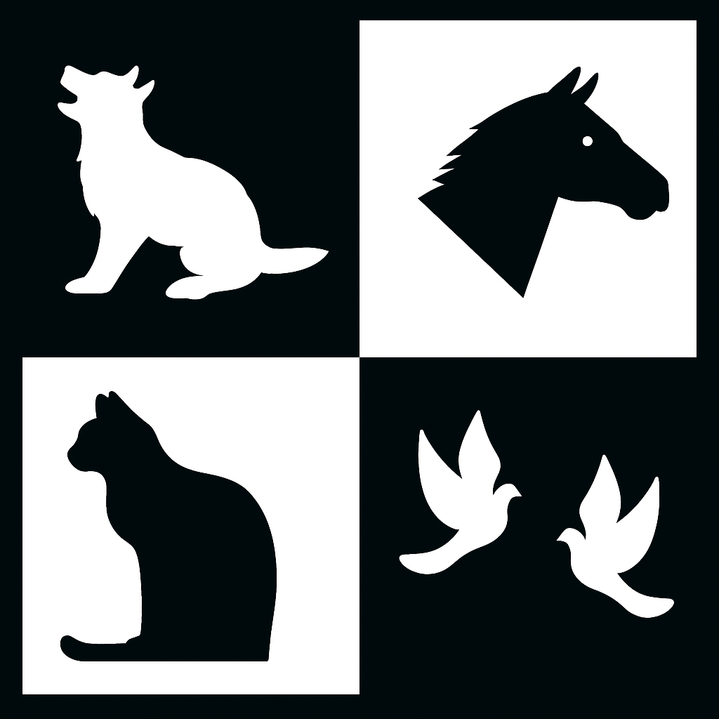 Silhouettes of a dog, horse, cat, and two birds, arranged in a grid format with contrasting black and white backgrounds.