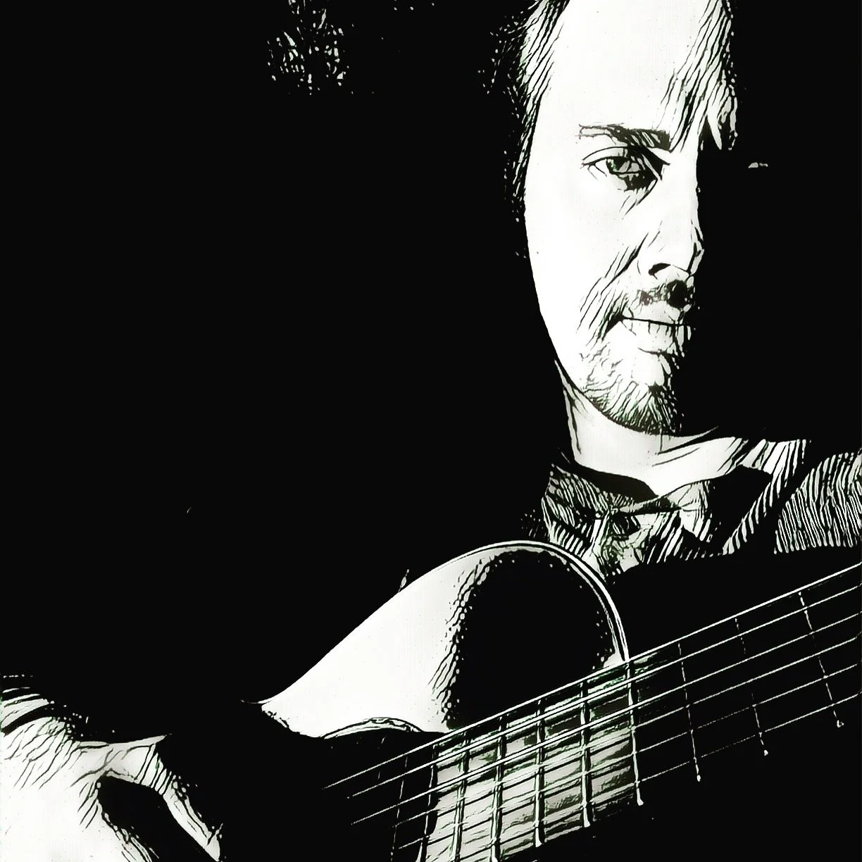 Black and white stylized drawing of a man with dark hair and facial hair playing an acoustic guitar, looking to the right with a serious expression.