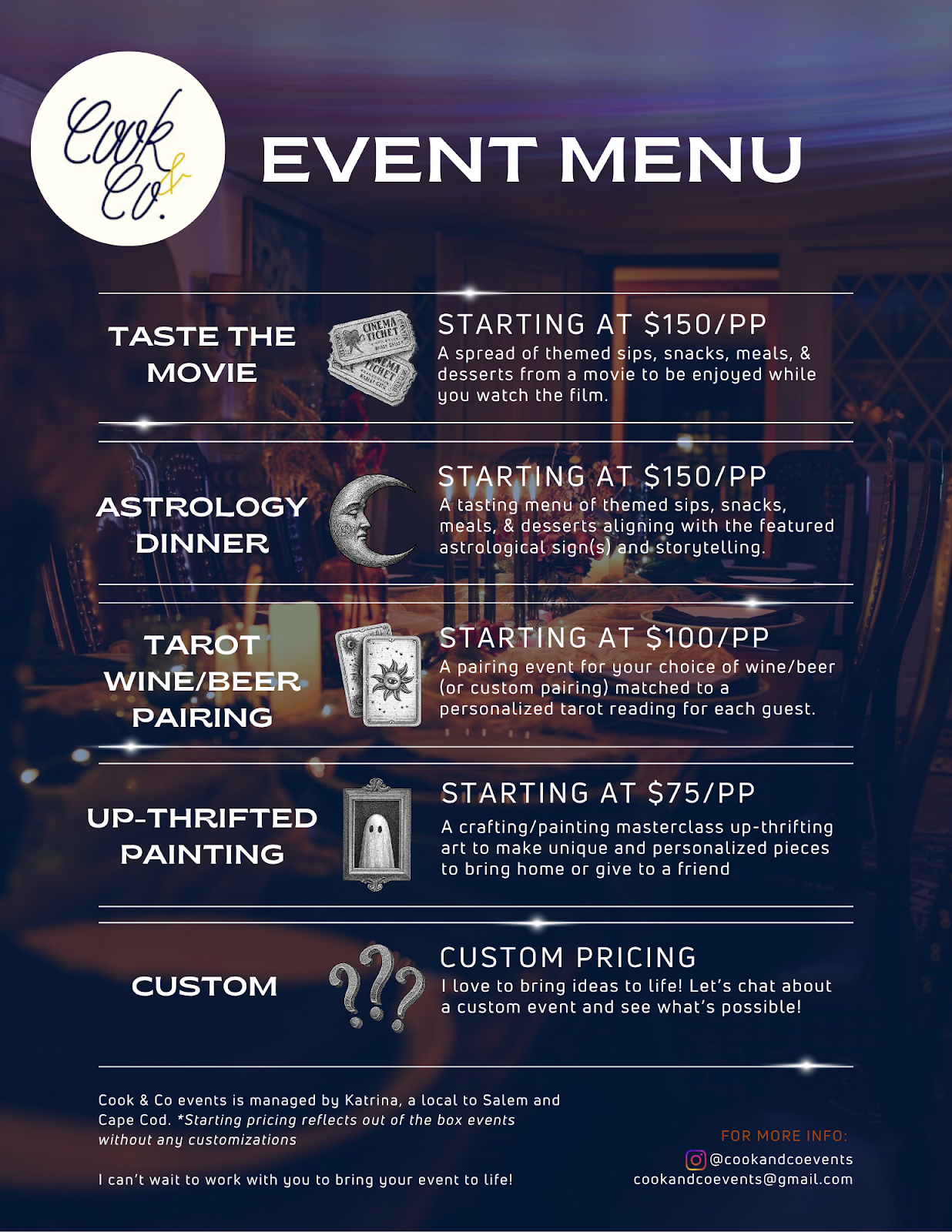 Event menu flyer for Cook & Co events featuring options: taste the movie, astrology dinner, tarot wine/beer pairing, up-thrifted painting, and custom options, with pricing details and contact information.