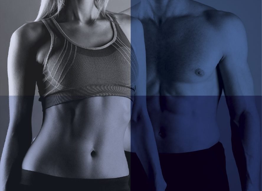 Ein geteiltes Bild von einer sportlichen Frau in einem Sport-Bbra und einem muskulösen Mann ohne Shirt, mit einem bläulichen Farfilter.