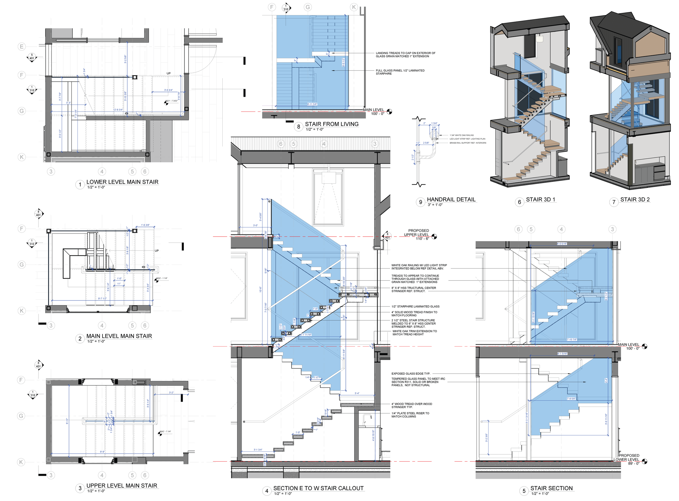 Architectural blueprints and 3D models of a multi-story staircase, including detailed plans, cross-sections, and elevation views with annotations.