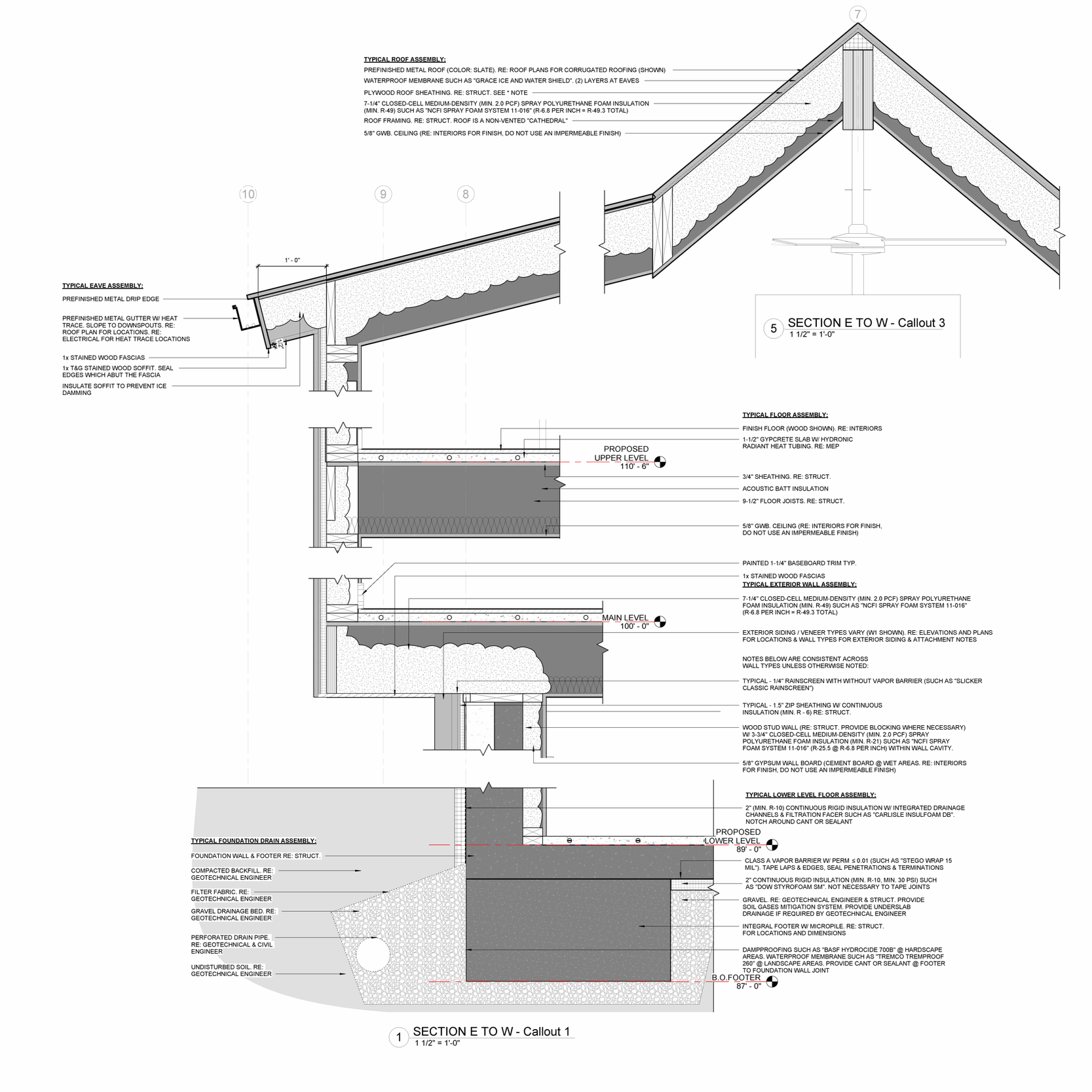 Detailed architectural drawing of a building roof and foundation sections with labels and measurements.