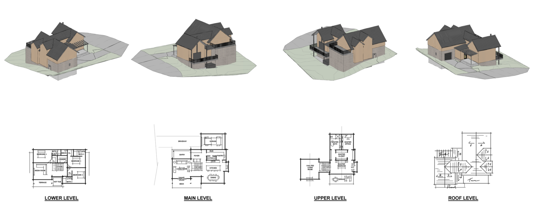 Architectural drawings of a house showing 3D views of different angles and detailed floor plans of all levels labeled below: lower level, main level, upper level, and roof level.