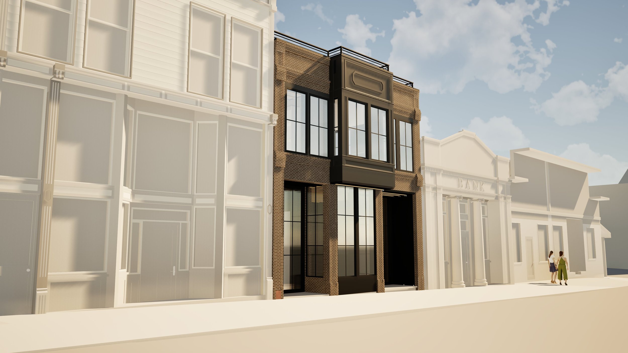 A multi-story modern brick building with large black-framed windows, situated between white historical-style buildings labeled 'BANK' on a city street. Two women are walking on the sidewalk, and the sky is partly cloudy.