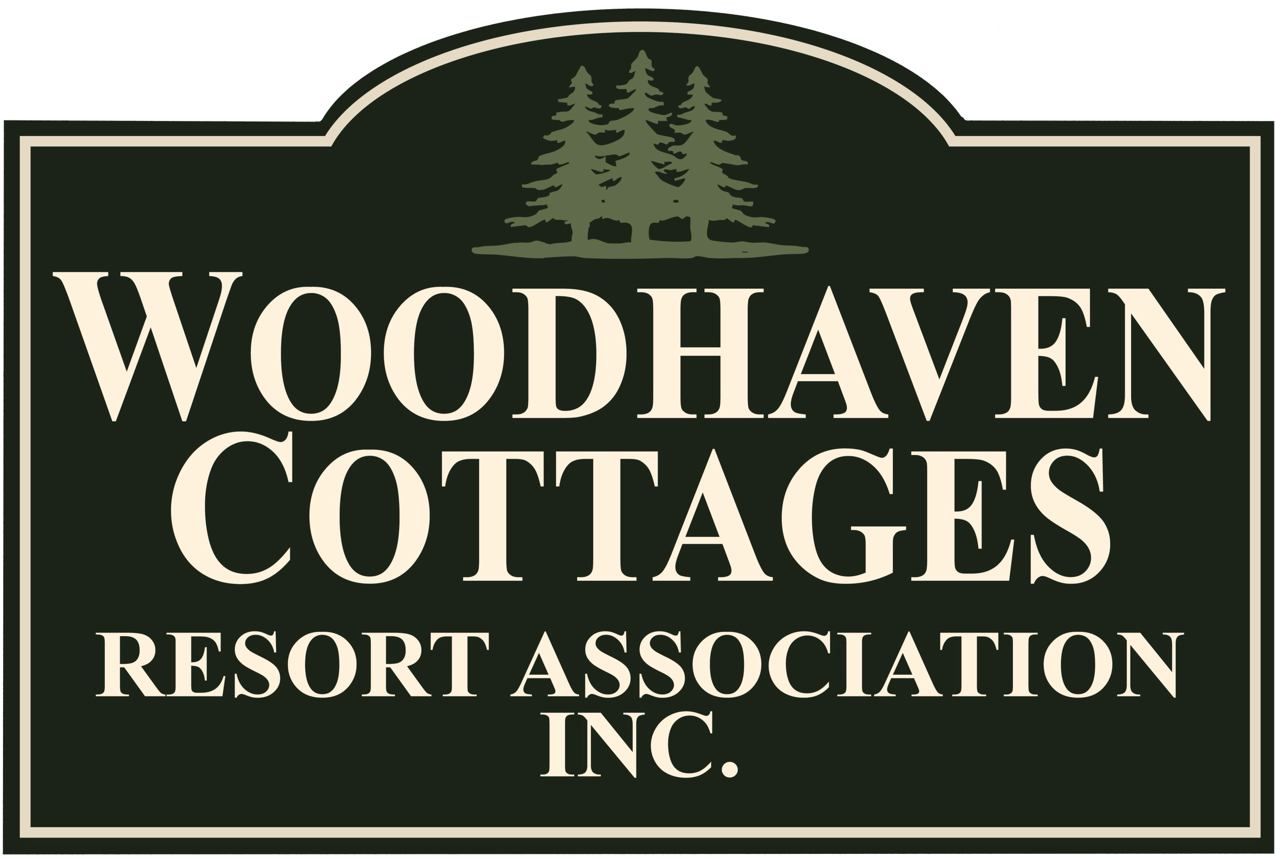 Woodhaven Cottages Resort Association Inc. sign with three pine trees at the top.