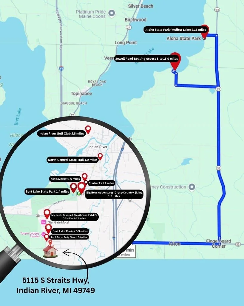 Map highlighting locations in Indian River, Michigan, including Indian River Golf Club, Burt Lake Marina, and Aloha State Park, with distance markers and a magnified inset of nearby attractions.