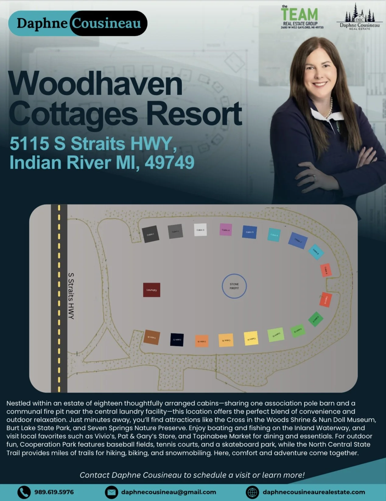 Real estate advertisement for Woodhaven Cottages Resort with map of the property and a photograph of a smiling woman in dark blazer.