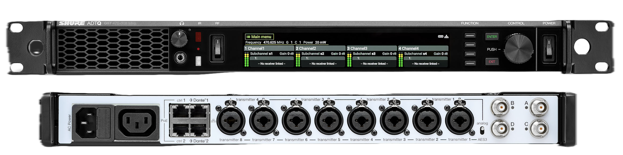Vorder- und Rückansicht vom Shure ADTQ Axient Digital PSM 4-fach Sender aus der AD PSM Serie.