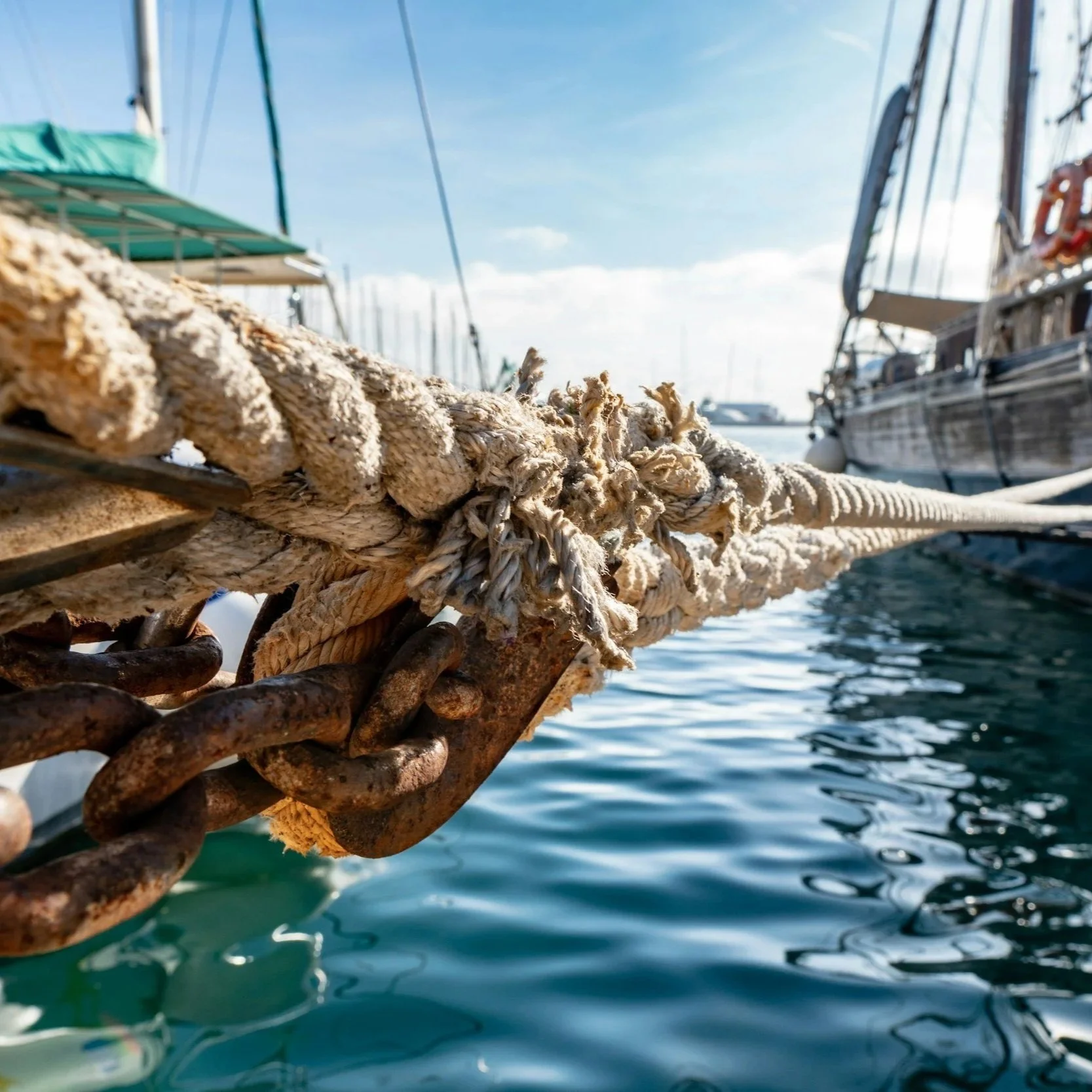Quiet harbor in Mallorca with a rope in the foreground and a boat in the background