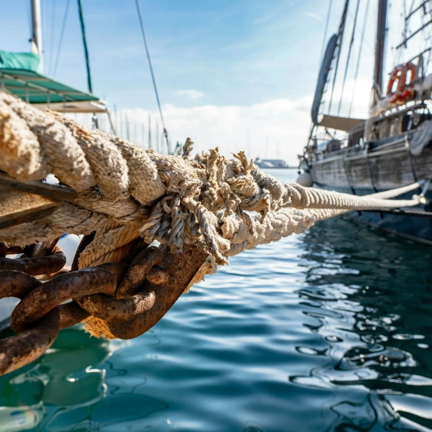 Quiet harbor in Mallorca with a rope in the foreground and a boat in the background