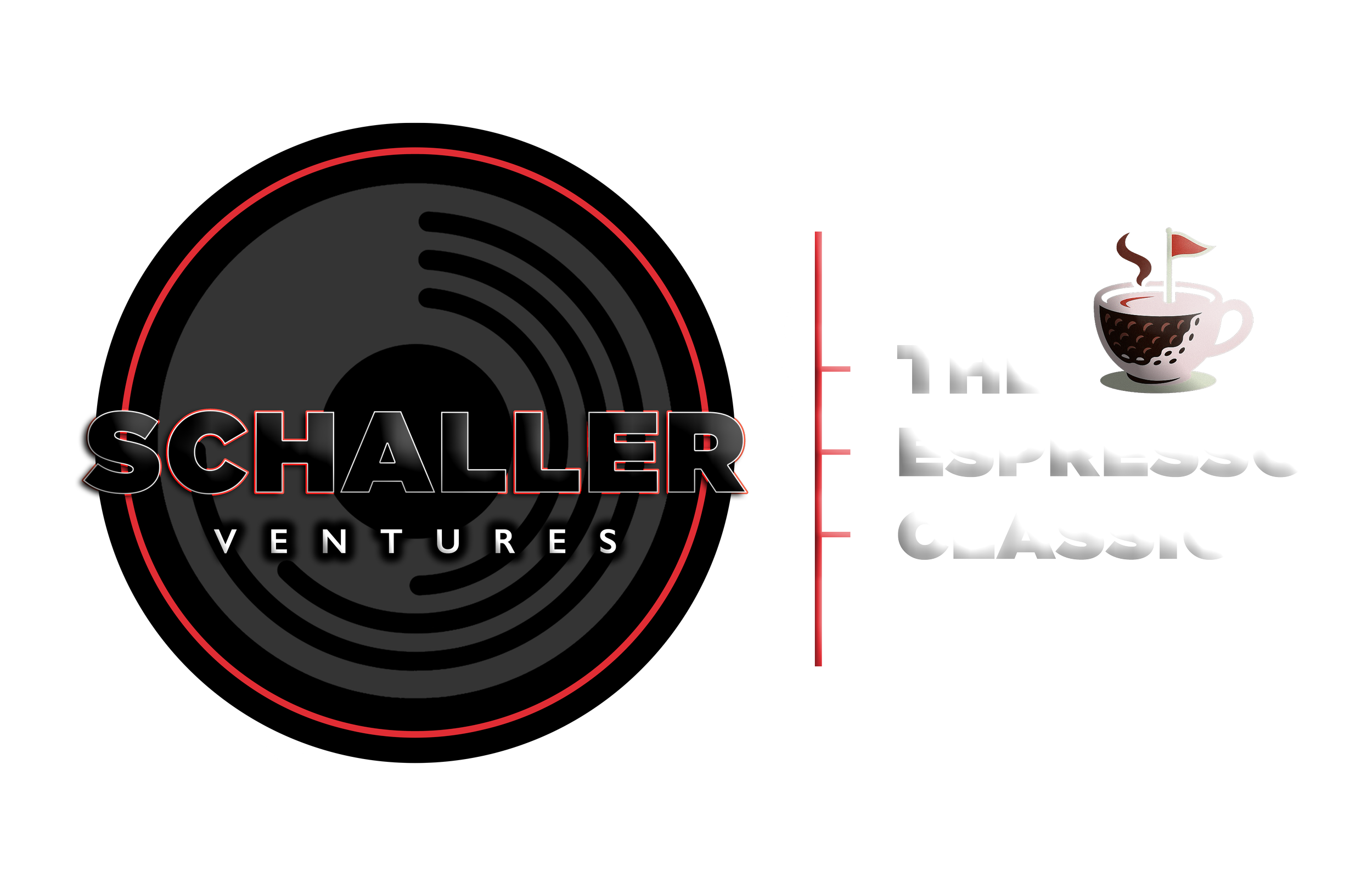 A digital graphic featuring the logo of Schaller Ventures, which includes a black and gray sonar or radar design with red outline, and the words "SCHALLER VENTURES" in bold, stylized text. To the right, there is a white rectangular label with a steaming cup of coffee, a small flag, and the words "The Espresso Classic" underneath.
